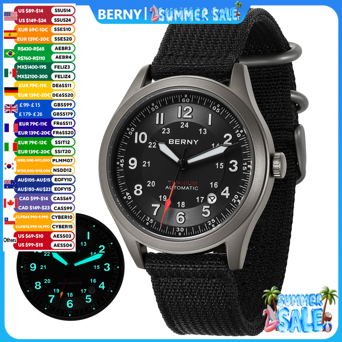 Automatic Pilot Watch - BERNY Titanium Automatic Men's Field Watches