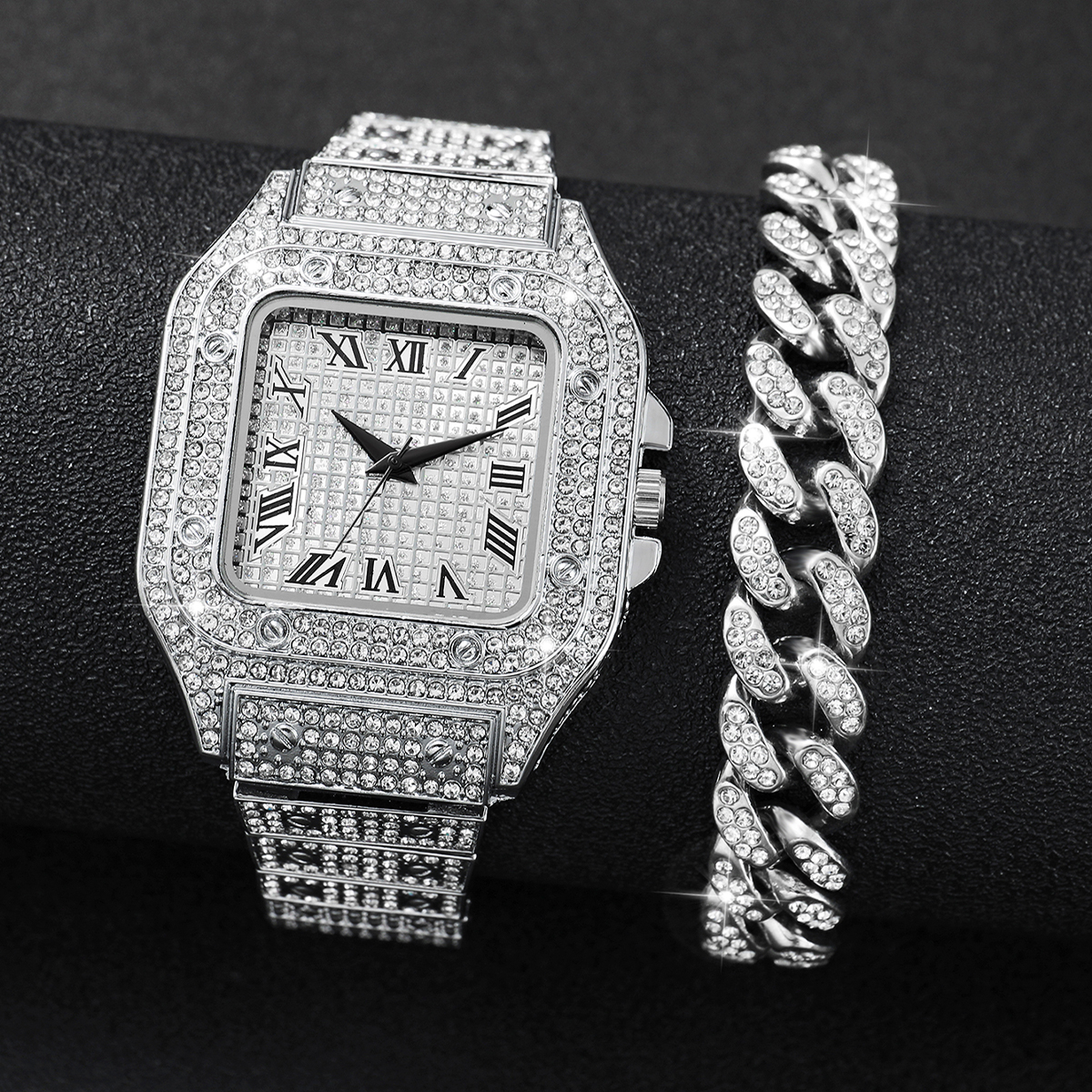 2PCS Iced Out Square Watch & C - Luxury Watch Diamond avis et prix