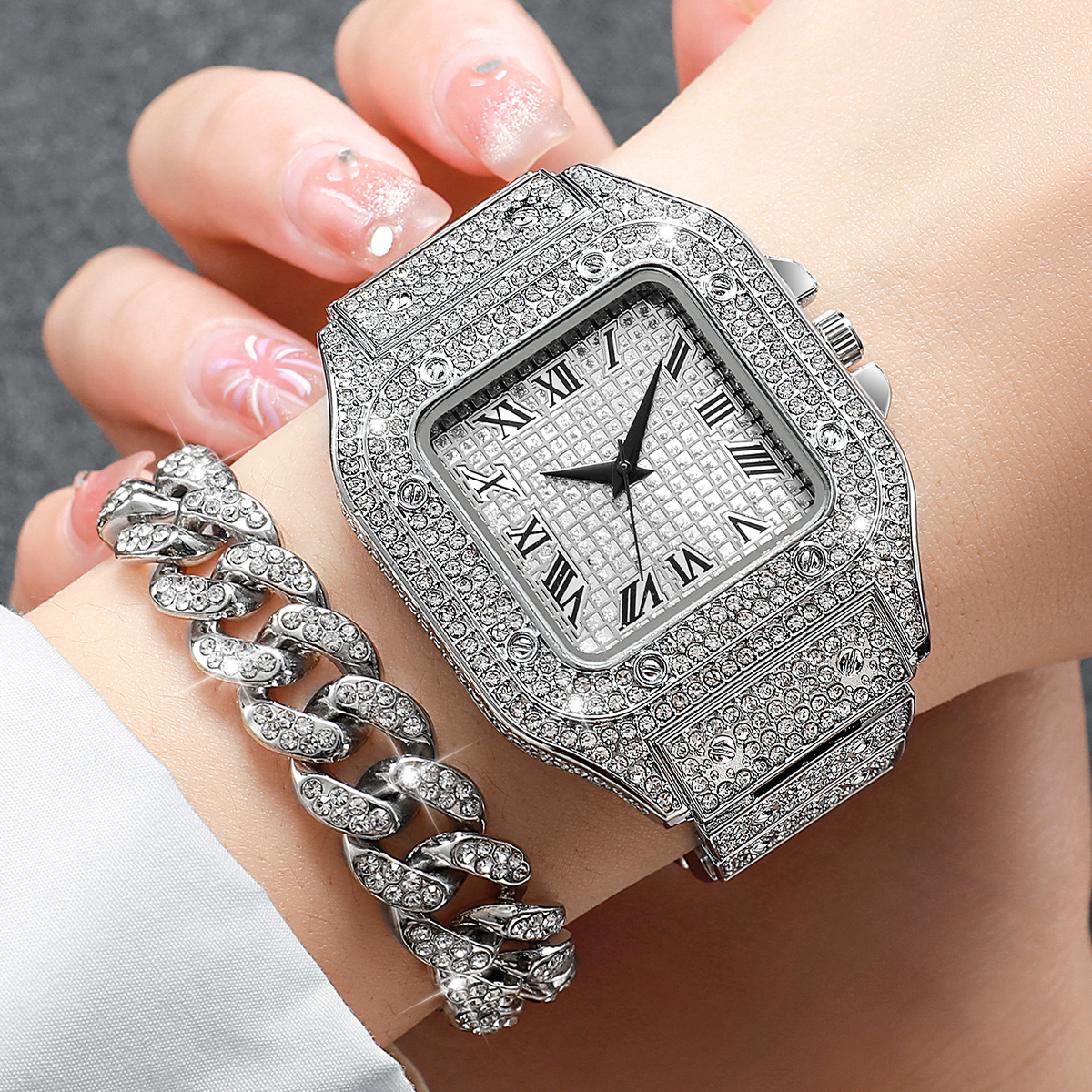 2PCS Iced Out Square Watch & C - Luxury Watch Diamond avis et prix