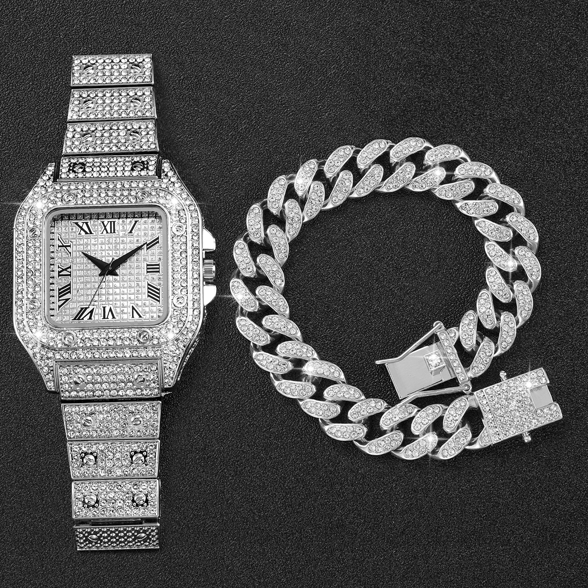 2PCS Iced Out Square Watch & C - Luxury Watch Diamond avis et prix
