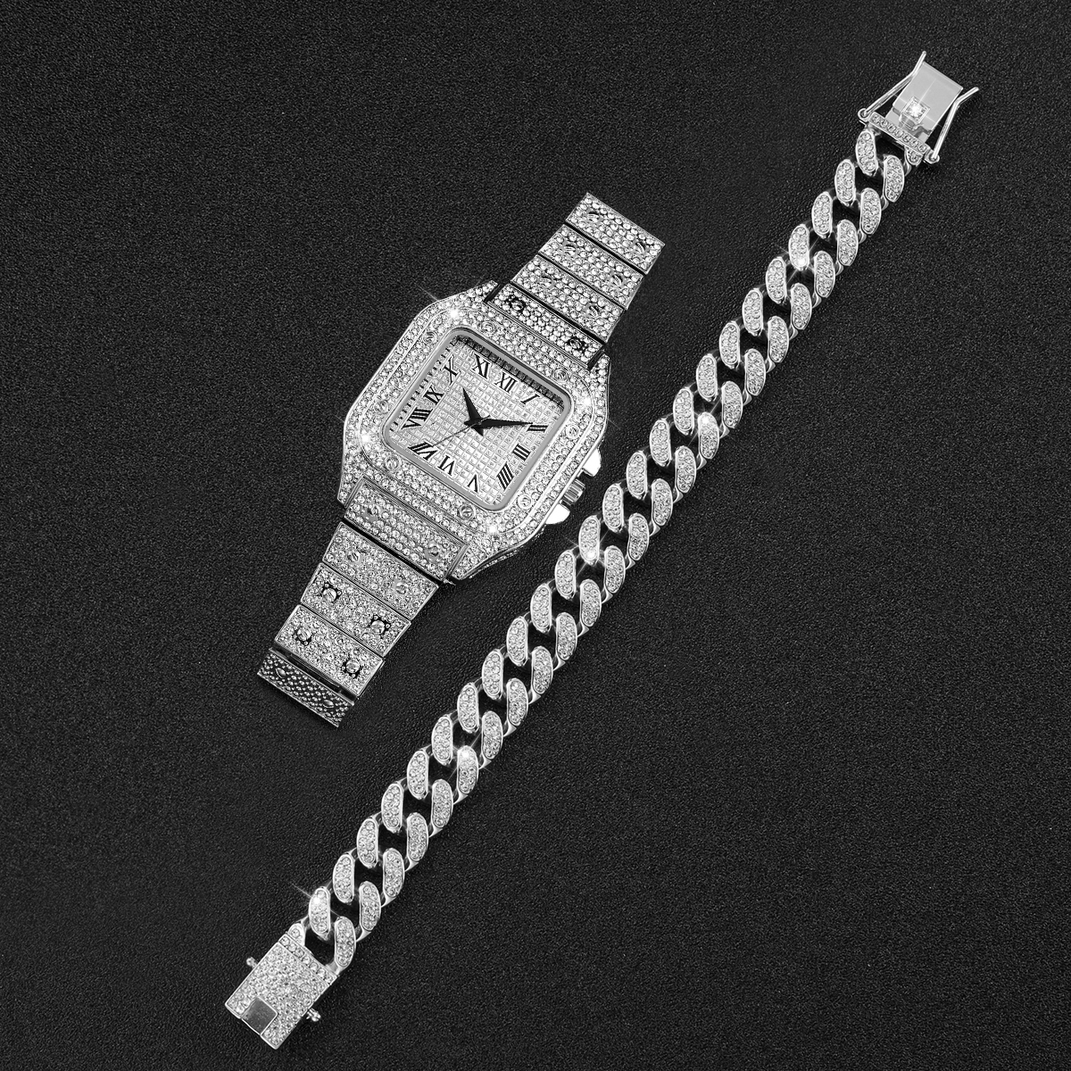 2PCS Iced Out Square Watch & C - Luxury Watch Diamond avis et prix